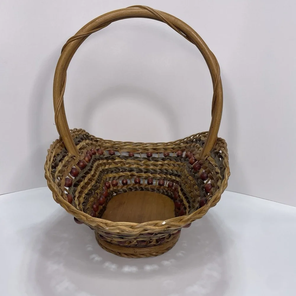 Large Vtg Willow Wicker Wood Bead Basket Handmade‎ Rattan 16.5x10.5